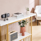 Modern Gold Frame Console Table with Marble Top and Lower Shelf