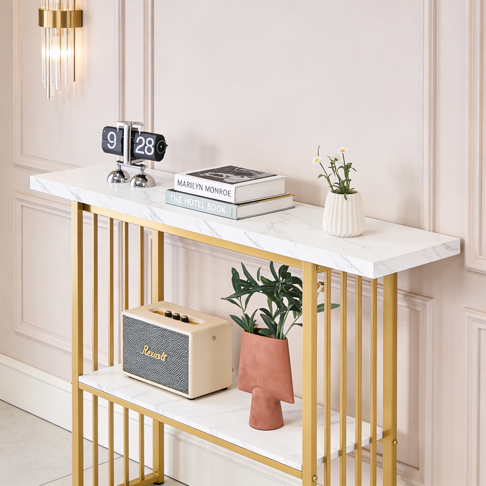 Modern Gold Frame Console Table with Marble Top and Lower Shelf