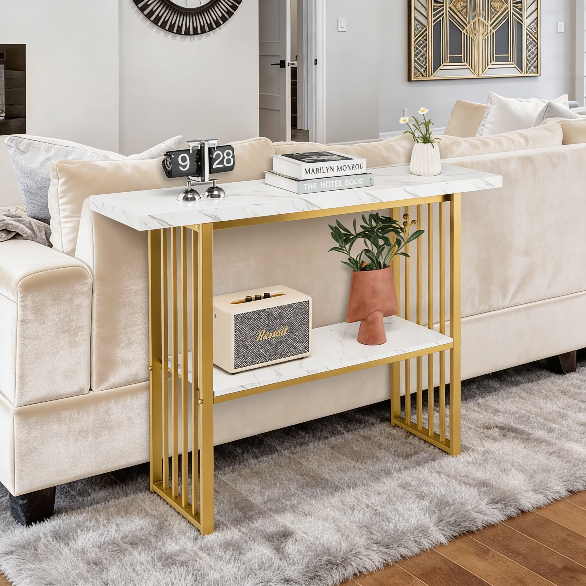 Modern Gold Frame Console Table with Marble Top and Lower Shelf