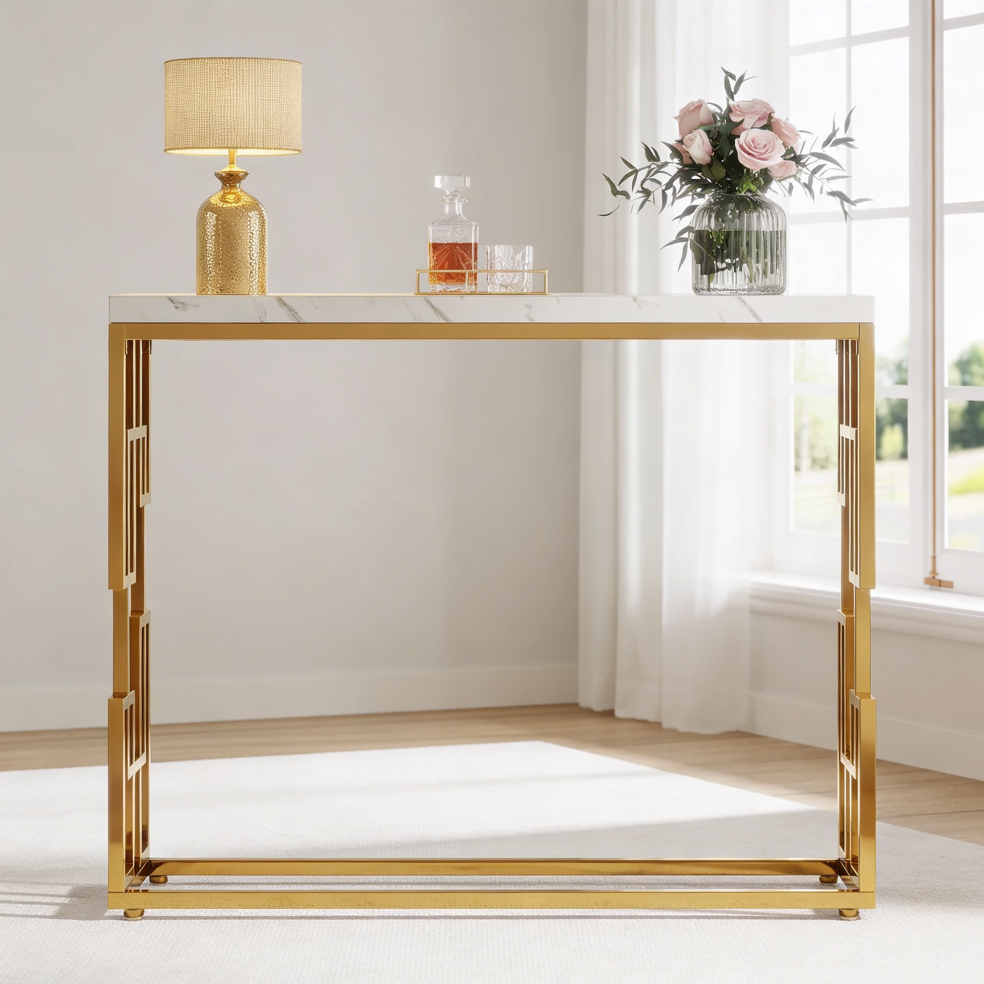 Designer Console Table with Unique Gold Frame and Marble Surface
