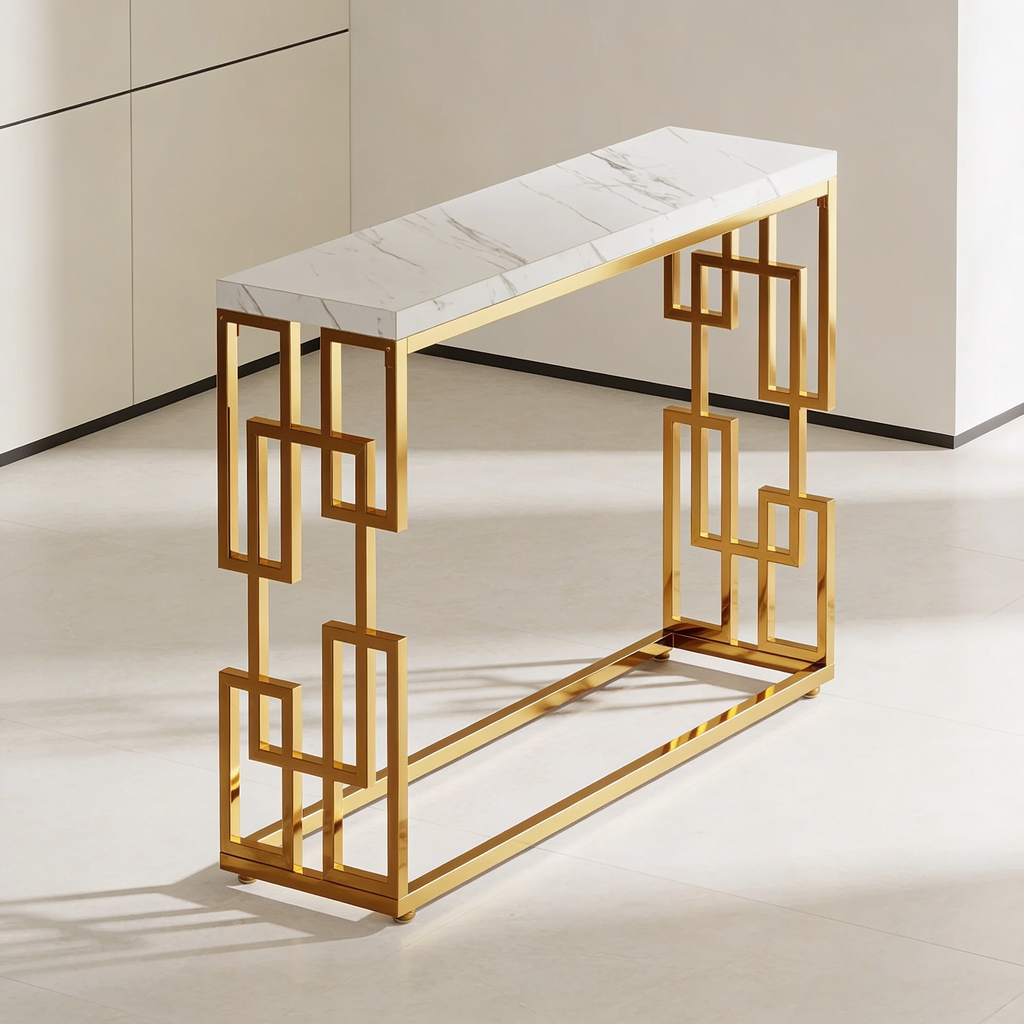 Designer Console Table with Unique Gold Frame and Marble Surface