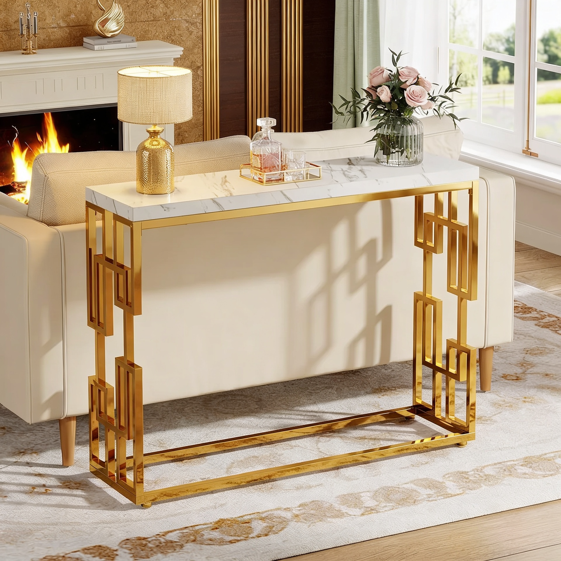 Designer Console Table with Unique Gold Frame and Marble Surface