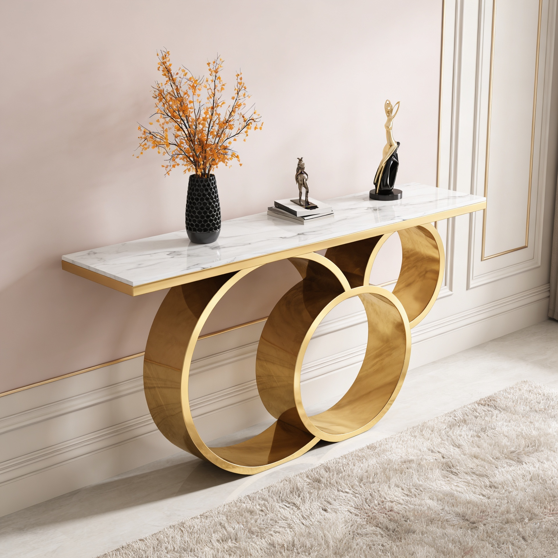 Luxury Marble Console Table with Gold Circle Base