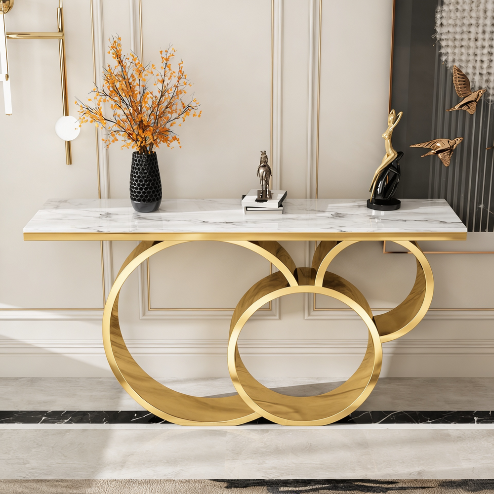 Decorative Stainless Steel PVD Console Table with Golden Interlocking Circle Frame and White Marble Top