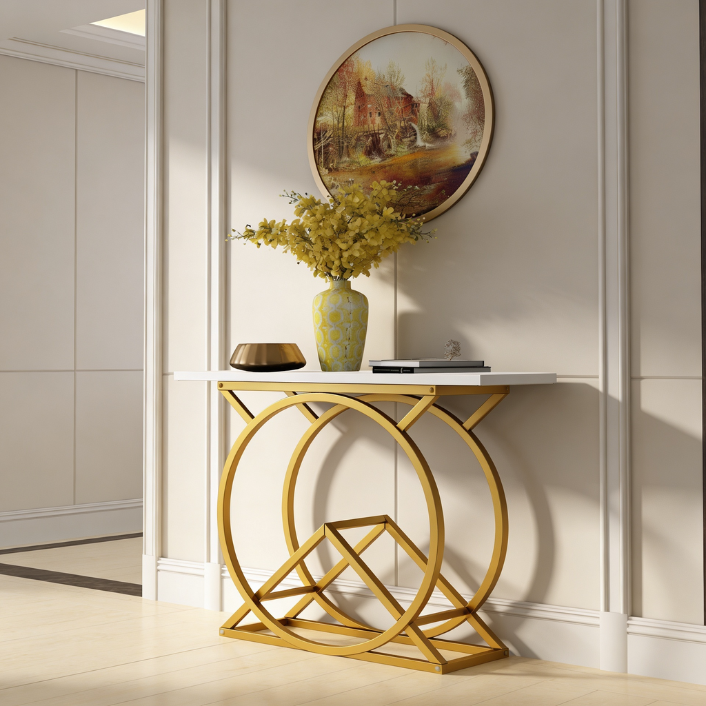 White Console Table with Twin Ring Gold Base