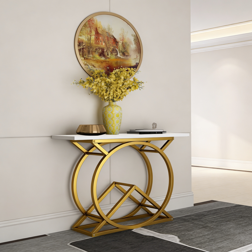 White Console Table with Twin Ring Gold Base