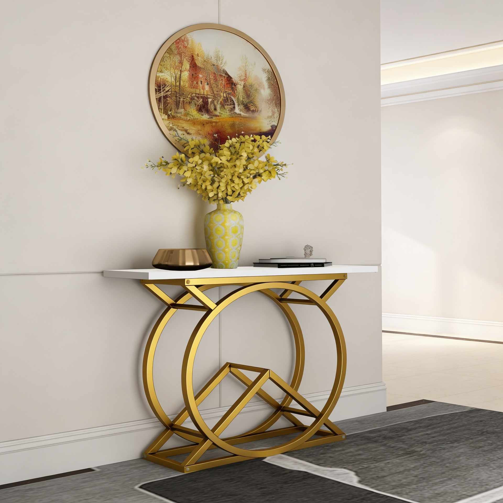 White Console Table with Twin Ring Gold Base