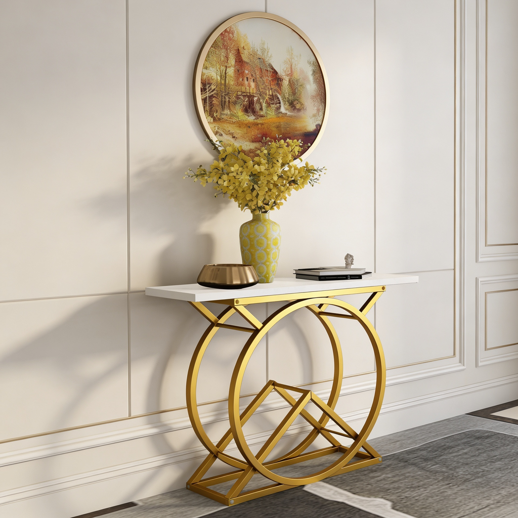 White Console Table with Twin Ring Gold Base
