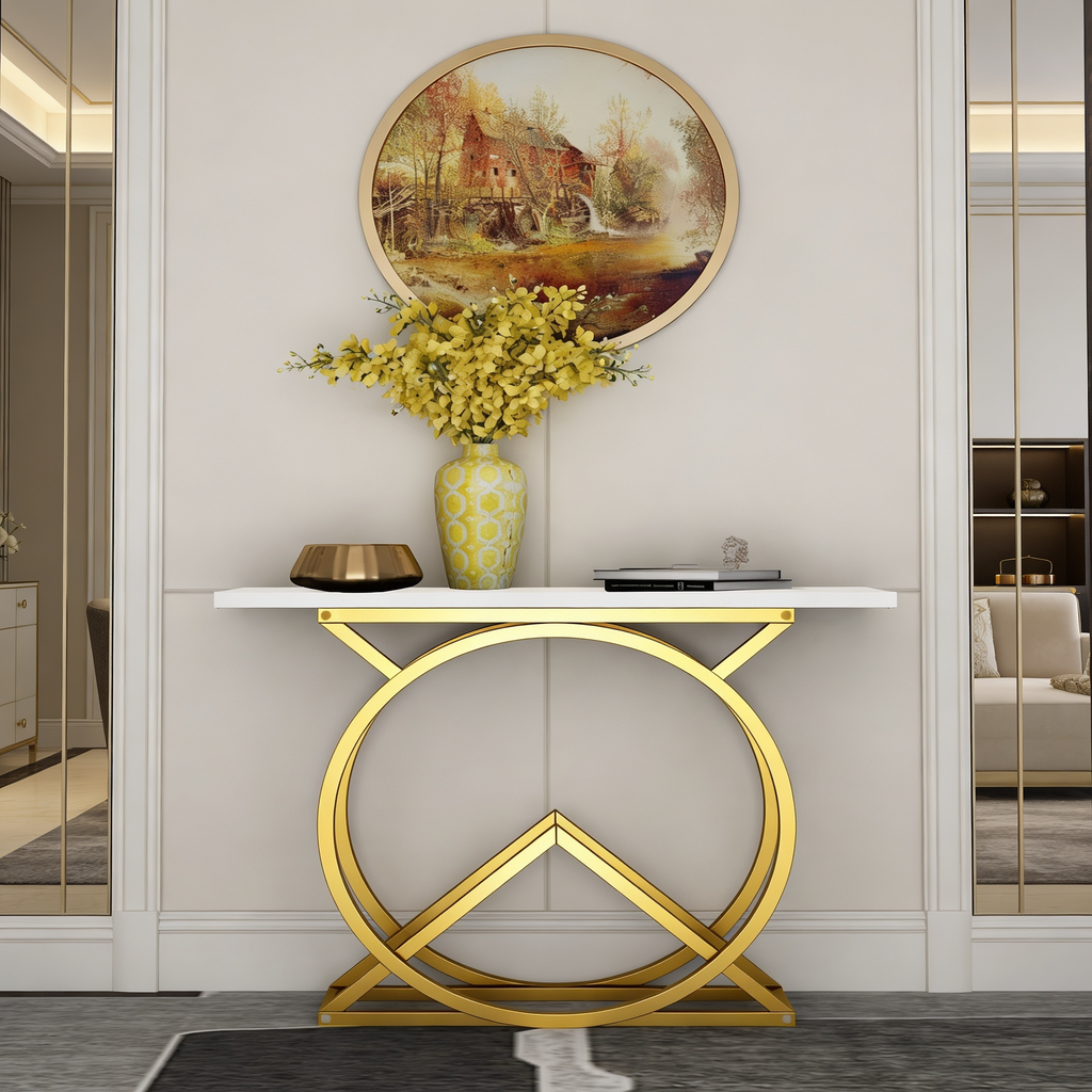White Console Table with Twin Ring Gold Base