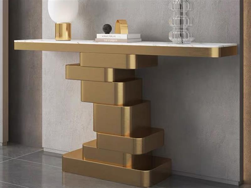 Marble Console Table with Layered Gold Pedestal