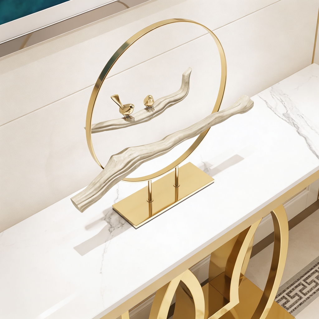 White Marble Console Table with Double Ring Gold Base