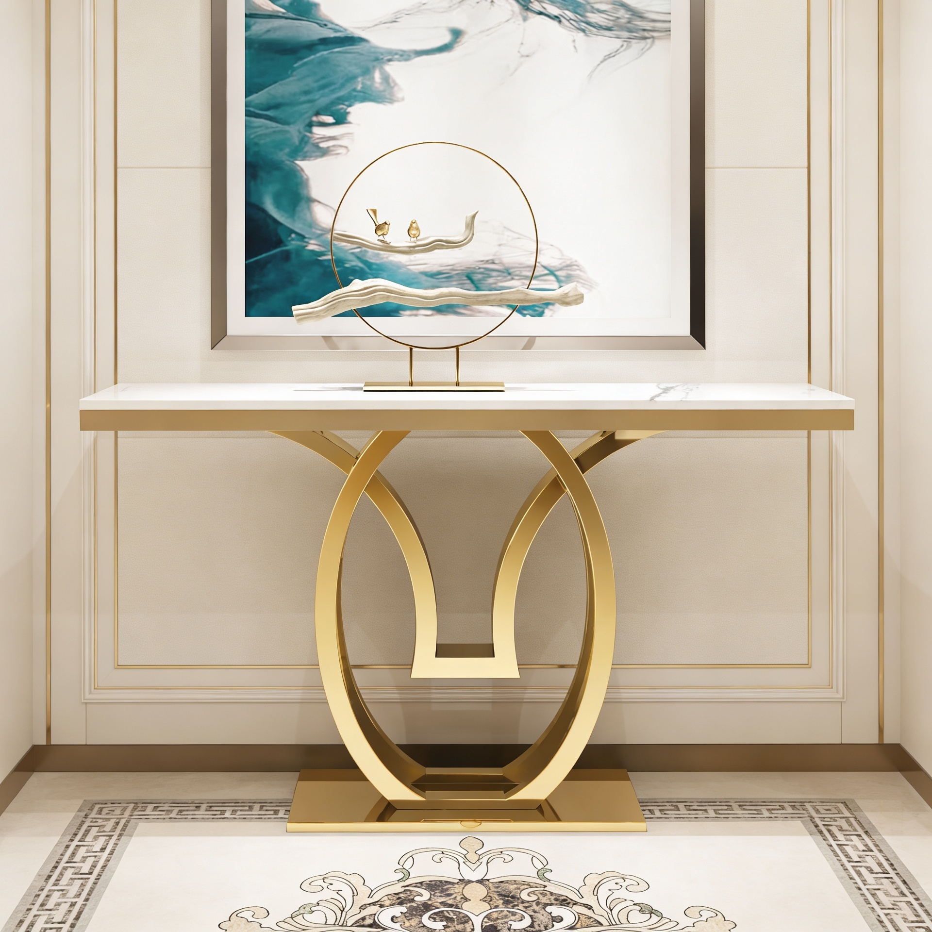 White Marble Console Table with Double Ring Gold Base