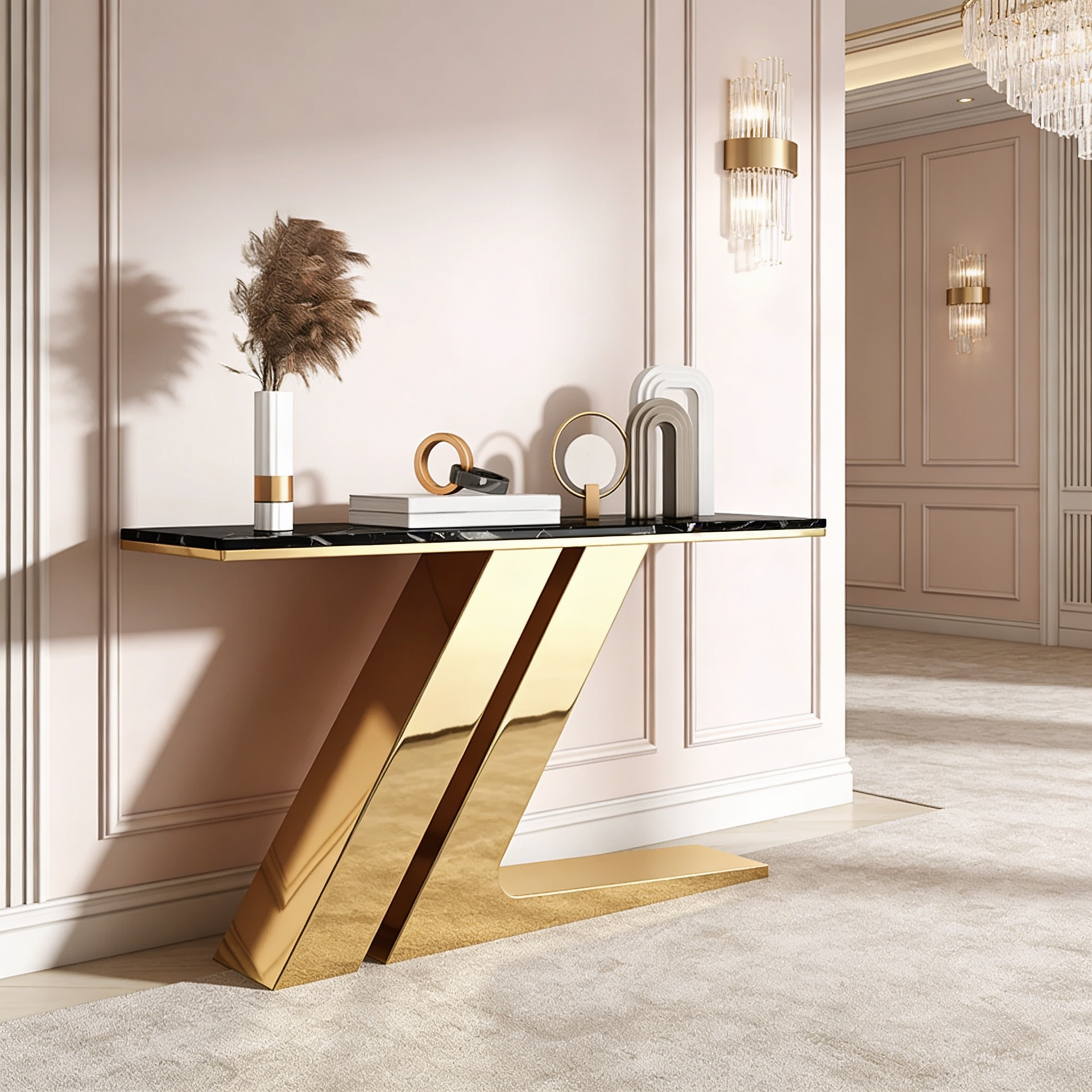 Narrow Foyer Marble Console Table with Angled Gold Stand