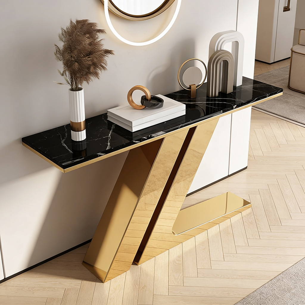 Narrow Foyer Marble Console Table with Angled Gold Stand