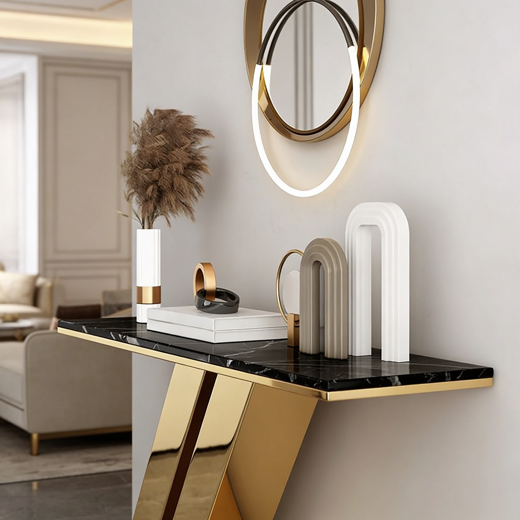 Narrow Foyer Marble Console Table with Angled Gold Stand
