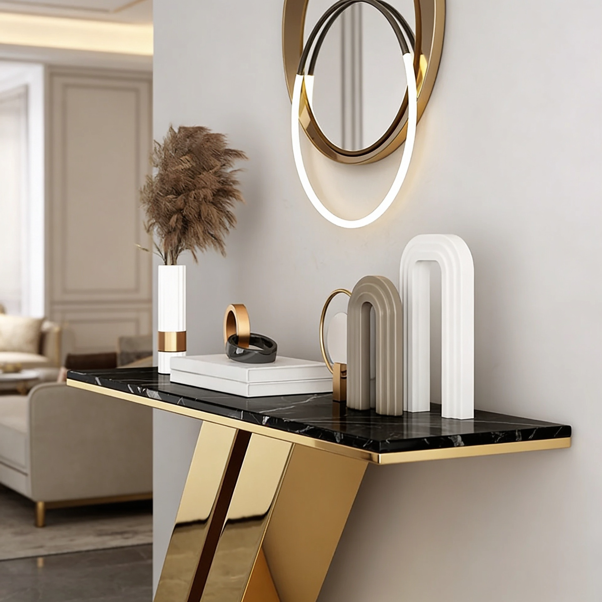 Narrow Foyer Marble Console Table with Angled Gold Stand