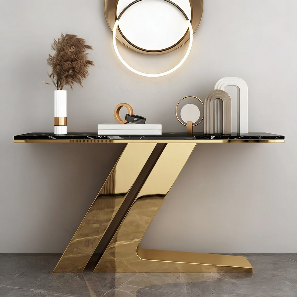 Luxury Z-Design Stainless Steel PVD Console Table with Black Marble Top for Modern Home Interiors