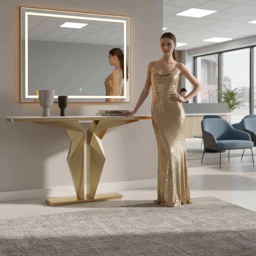 Luxury Marble Foyer Console Table with Origami Gold Base