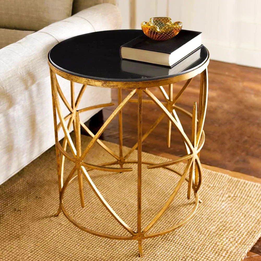 Designer Round Side Table Featuring Black Finish Top and Artistic Gold Metal Structure