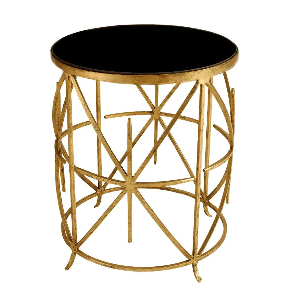 Designer Round Side Table Featuring Black Finish Top and Artistic Gold Metal Structure