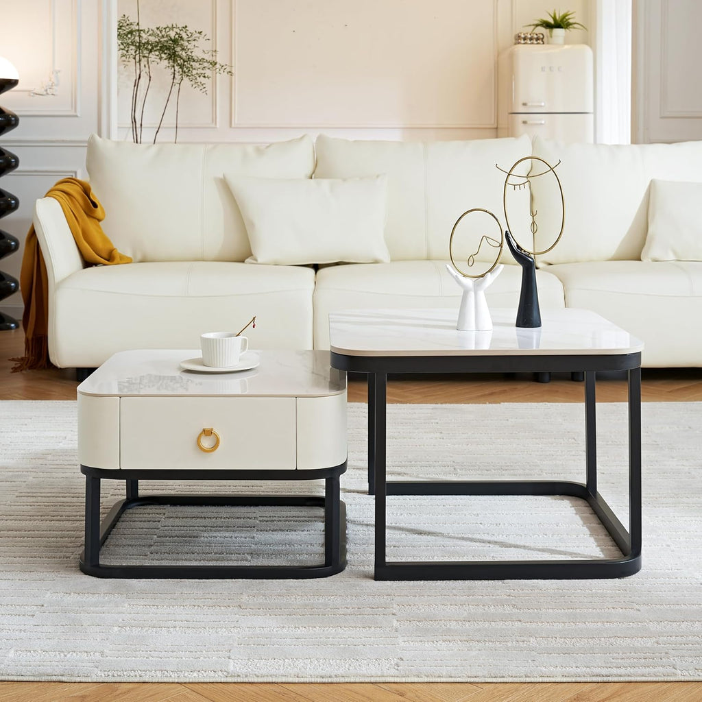 Contemporary Coffee Table Set Designed with Marble Finish Top Storage and Metal Frame