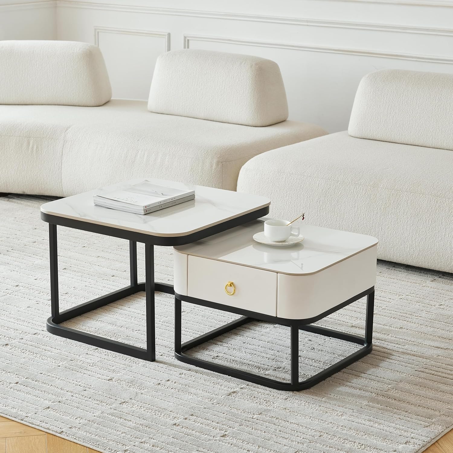 Contemporary Coffee Table Set Designed with Marble Finish Top Storage and Metal Frame