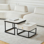 Contemporary Coffee Table Set Designed with Marble Finish Top Storage and Metal Frame