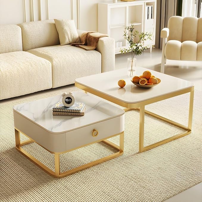 Contemporary Coffee Table Set Designed with Marble Finish Top Storage and Metal Frame