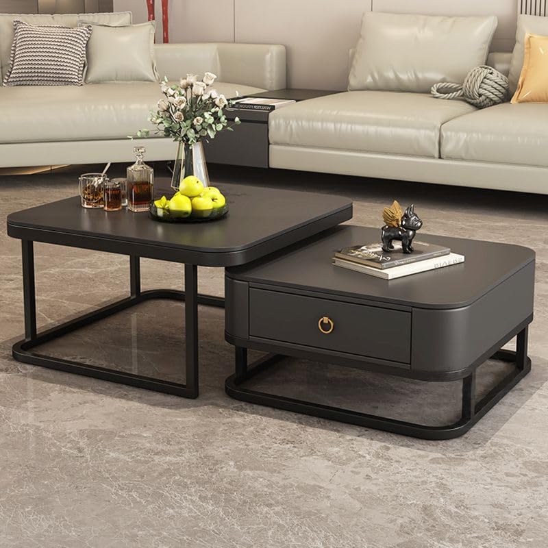 Modern Matte Black Nested Coffee Table Featuring Storage Drawer and Sleek Metal Base