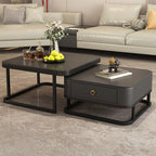 Modern Matte Black Nested Coffee Table Featuring Storage Drawer and Sleek Metal Base