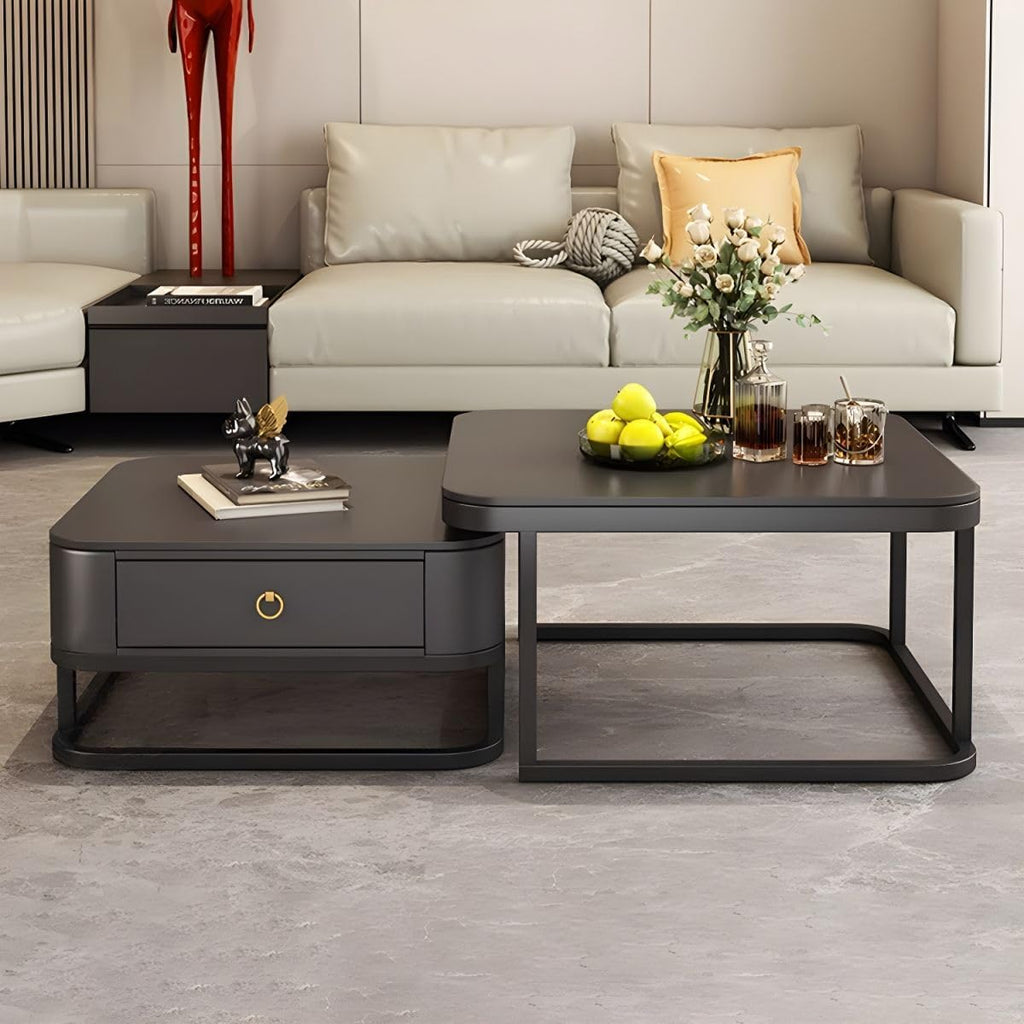 Modern Matte Black Nested Coffee Table Featuring Storage Drawer and Sleek Metal Base