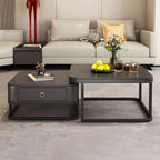 Modern Matte Black Nested Coffee Table Featuring Storage Drawer and Sleek Metal Base
