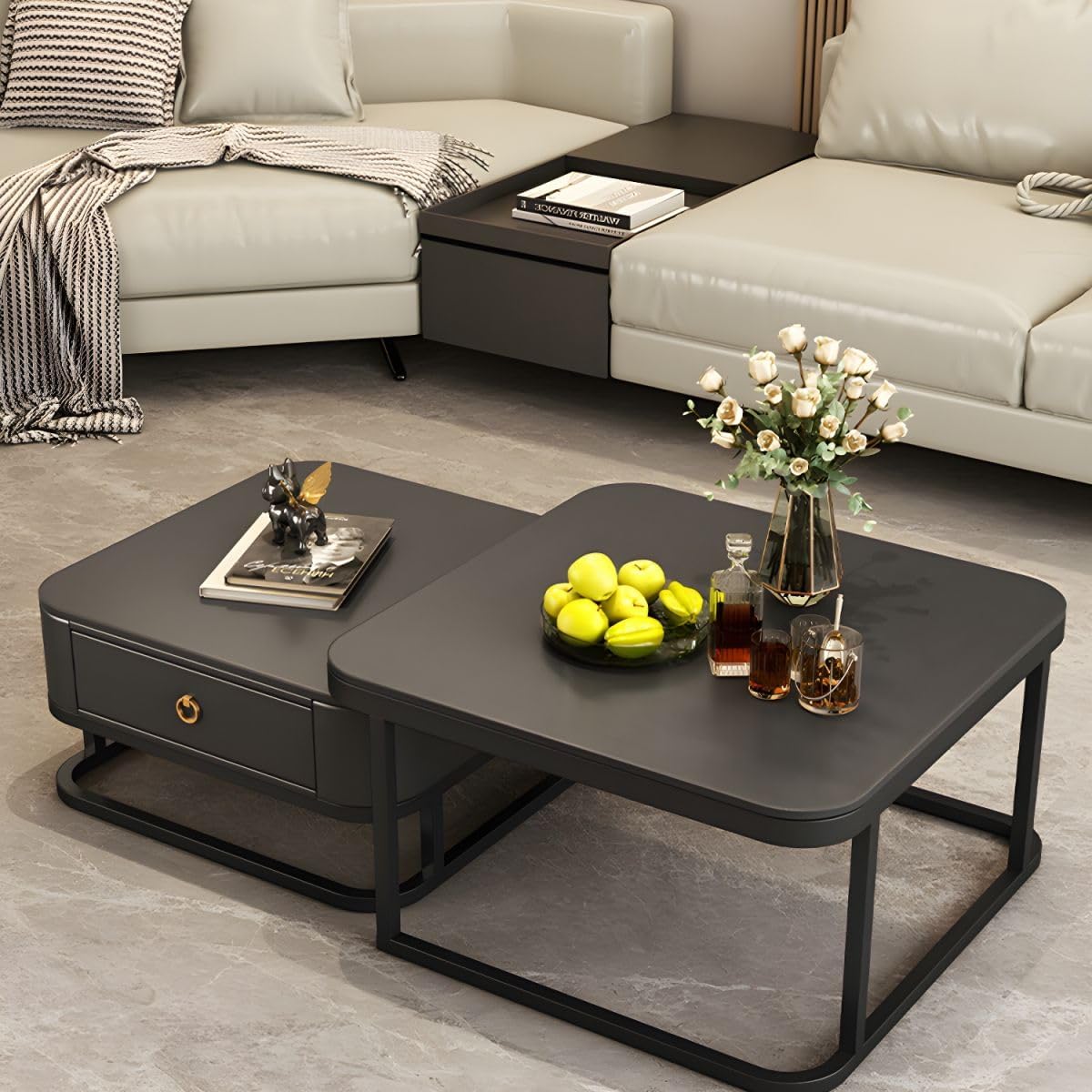 Modern Matte Black Nested Coffee Table Featuring Storage Drawer and Sleek Metal Base