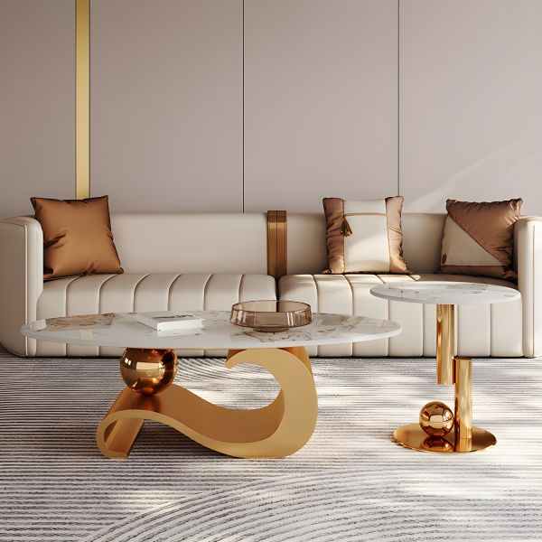 Designer Marble Coffee Table Featuring Artistic Gold Base and Elegant Oval Form