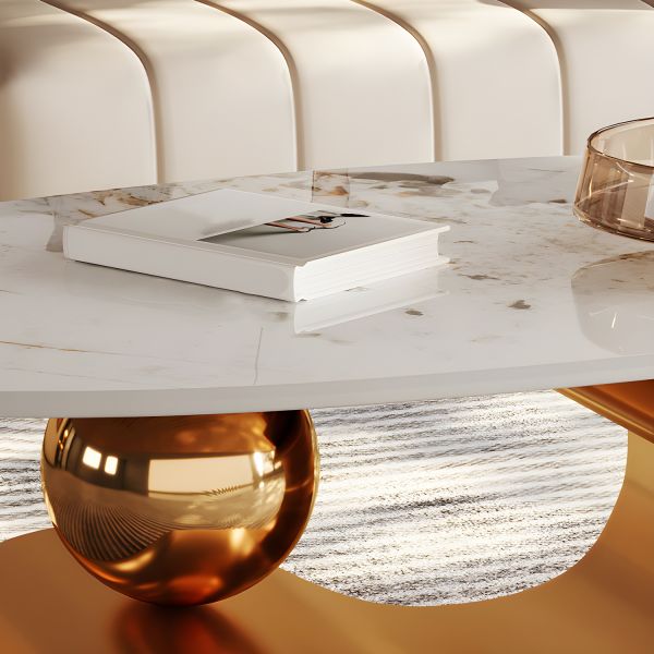 Designer Marble Coffee Table Featuring Artistic Gold Base and Elegant Oval Form