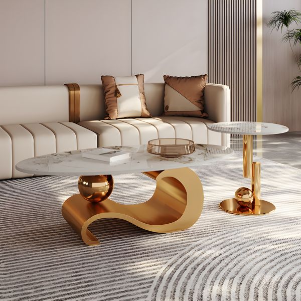 Designer Marble Coffee Table Featuring Artistic Gold Base and Elegant Oval Form