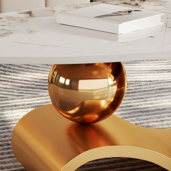 Designer Marble Coffee Table Featuring Artistic Gold Base and Elegant Oval Form