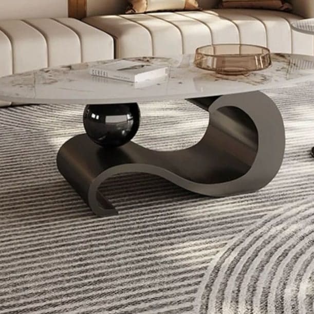 Designer Marble Coffee Table Featuring Artistic Gold Base and Elegant Oval Form