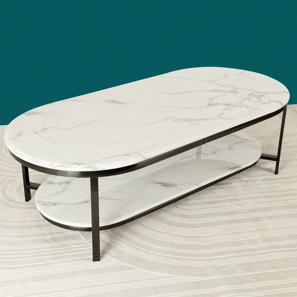 Designer Oval Marble Look Center Table with Layered Top and Refined Black Frame