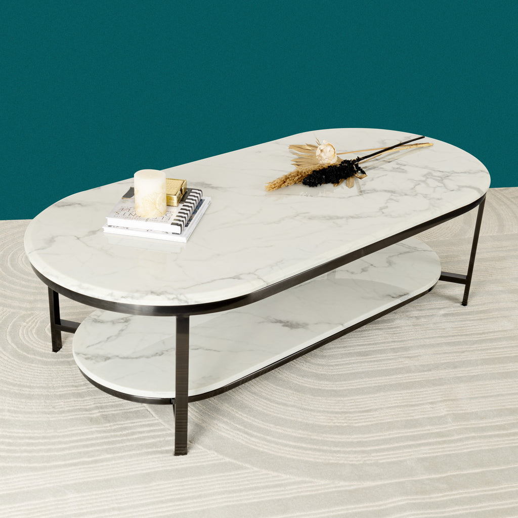 Designer Oval Marble Look Center Table with Layered Top and Refined Black Frame