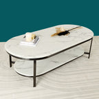 Designer Oval Marble Look Center Table with Layered Top and Refined Black Frame