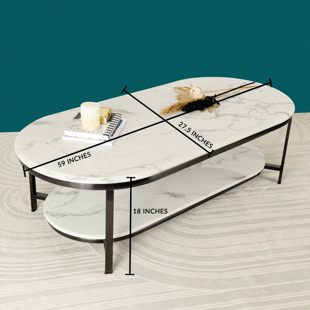 Designer Oval Marble Look Center Table with Layered Top and Refined Black Frame