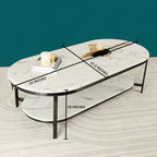 Designer Oval Marble Look Center Table with Layered Top and Refined Black Frame