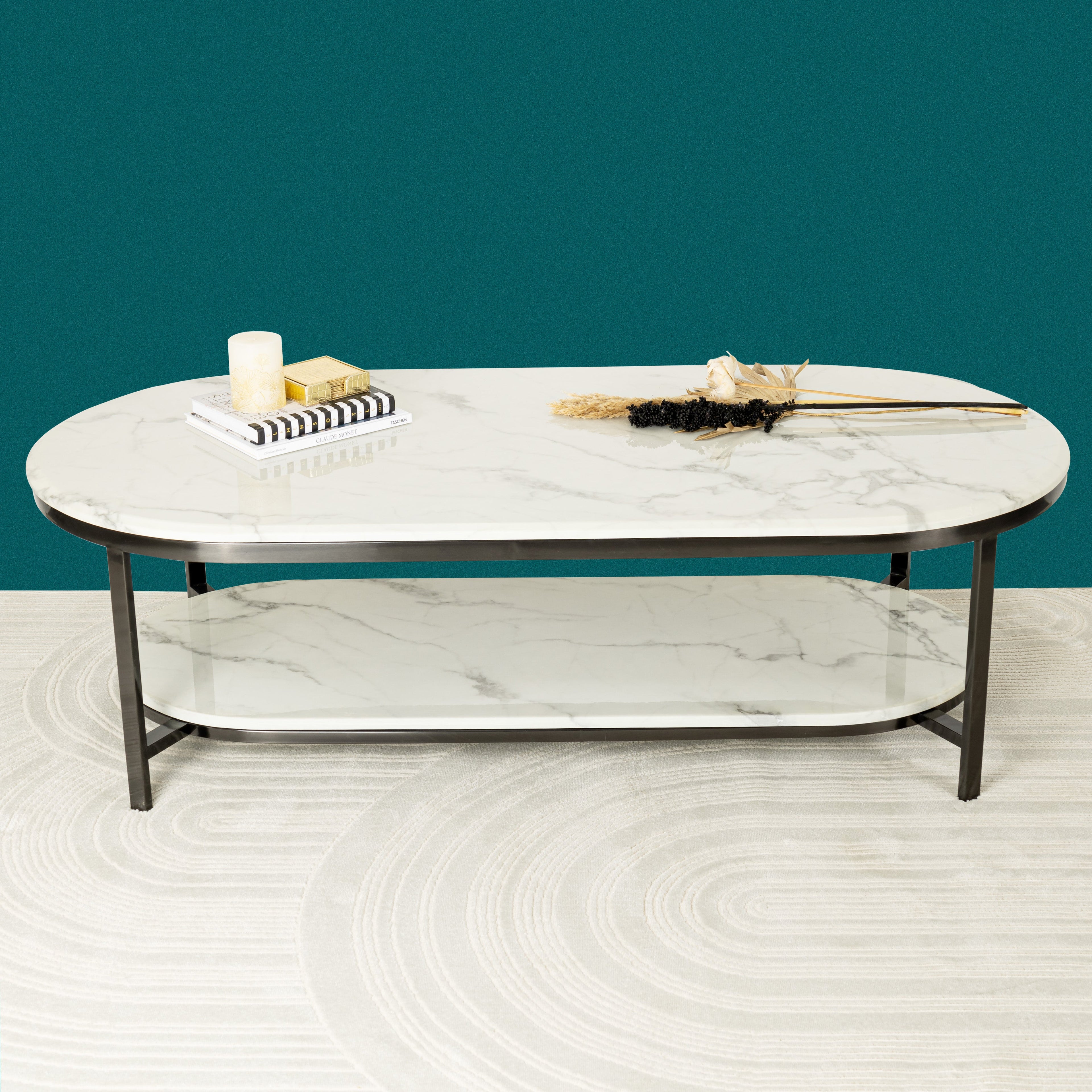 Designer Oval Marble Look Center Table with Layered Top and Refined Black Frame