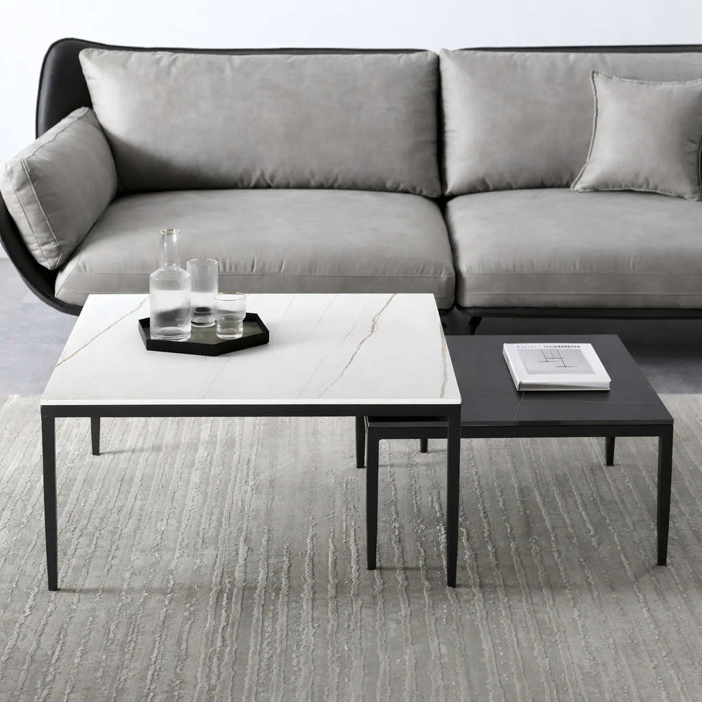 Designer Nested Coffee Table Crafted with White Marble Finish and Matte Black Accent Top