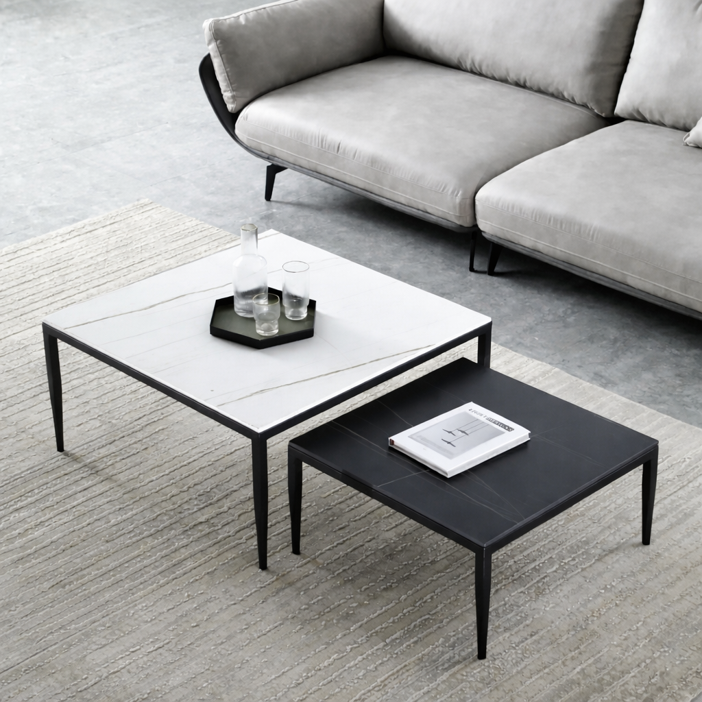 Designer Nested Coffee Table Crafted with White Marble Finish and Matte Black Accent Top