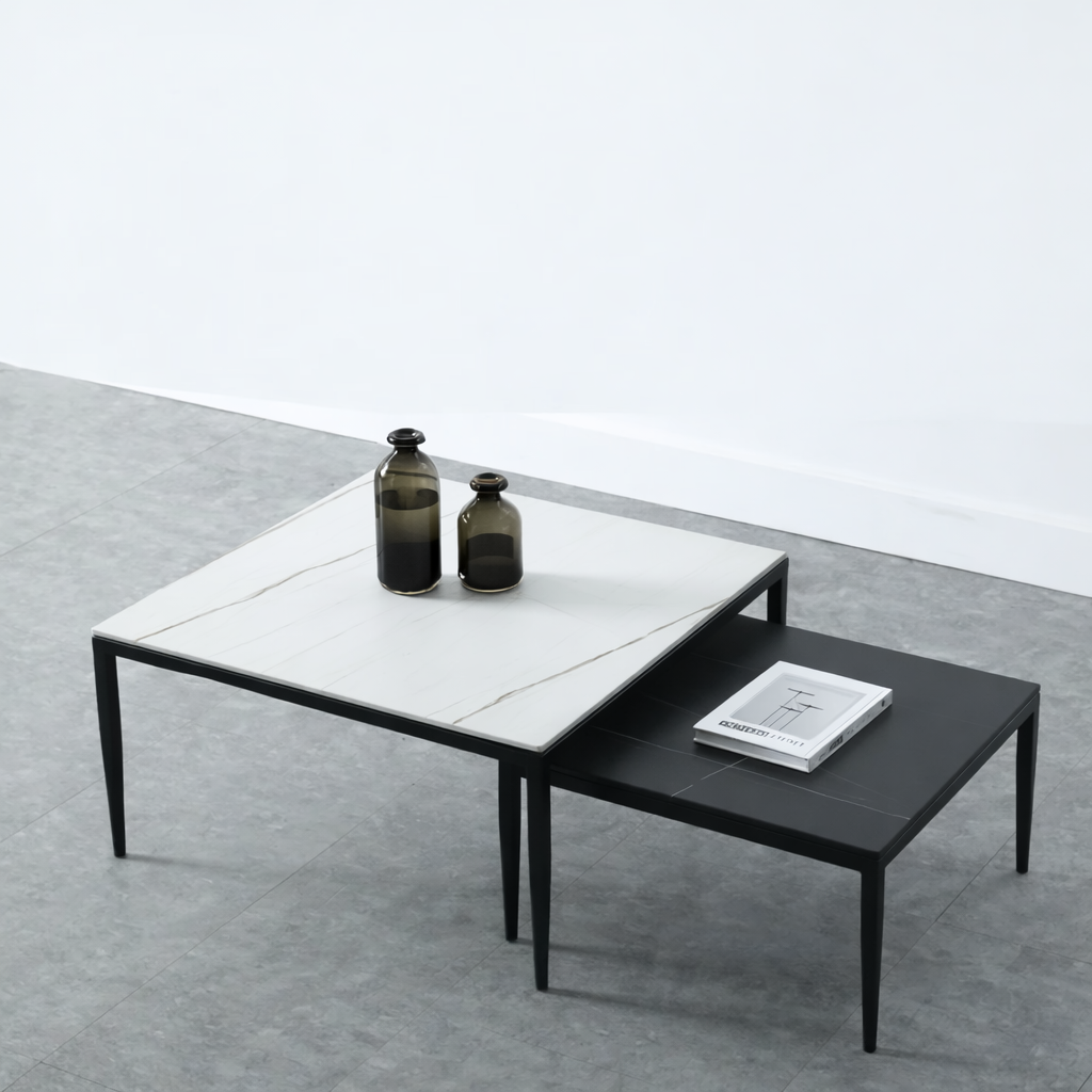 Designer Nested Coffee Table Crafted with White Marble Finish and Matte Black Accent Top