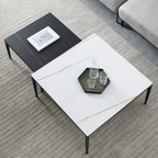 Designer Nested Coffee Table Crafted with White Marble Finish and Matte Black Accent Top
