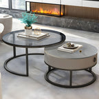 Designer Round Coffee Table Crafted with Marble Finish Drawer and Black Glass Top