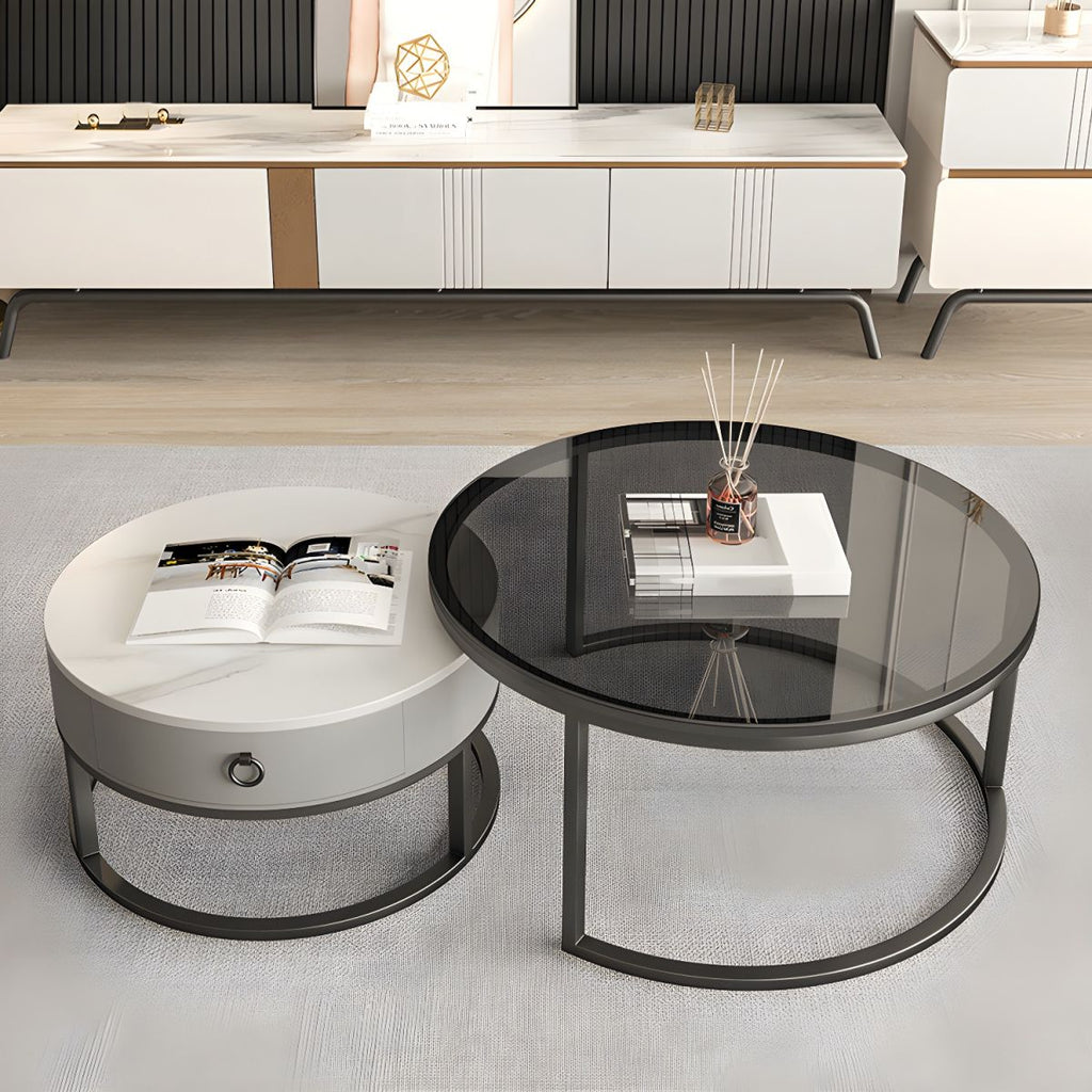 Designer Round Coffee Table Crafted with Marble Finish Drawer and Black Glass Top